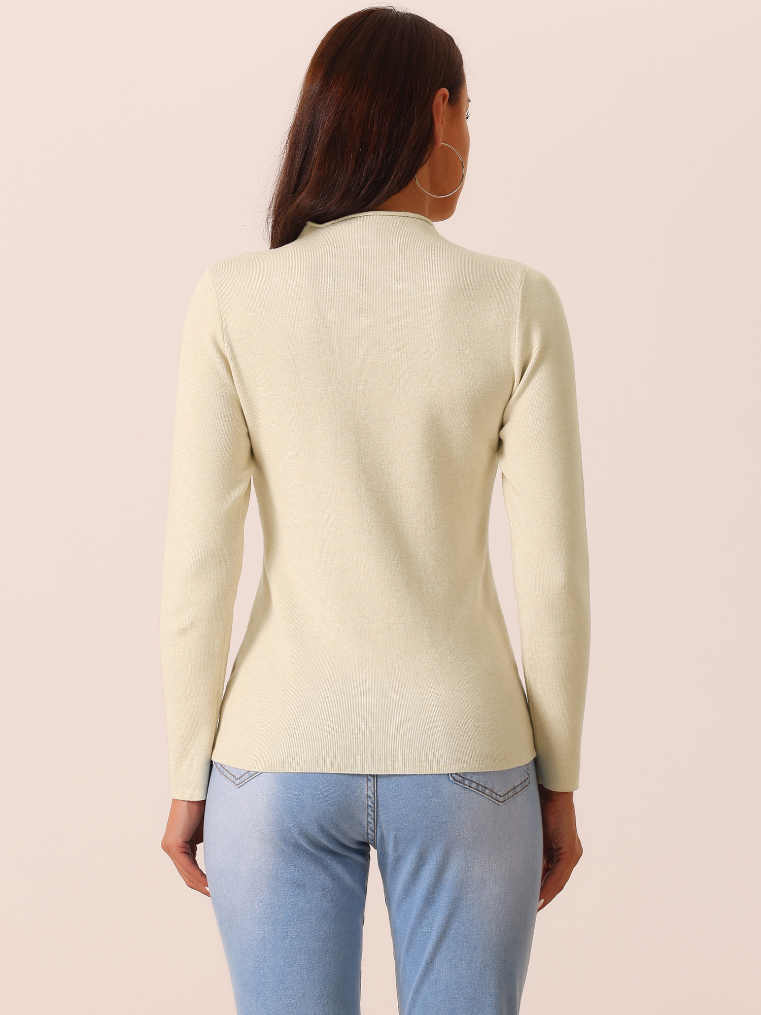 DARING DIVA Mock Neck Ribbed Knit Slim Fit Pullover Sweater Top L Beige