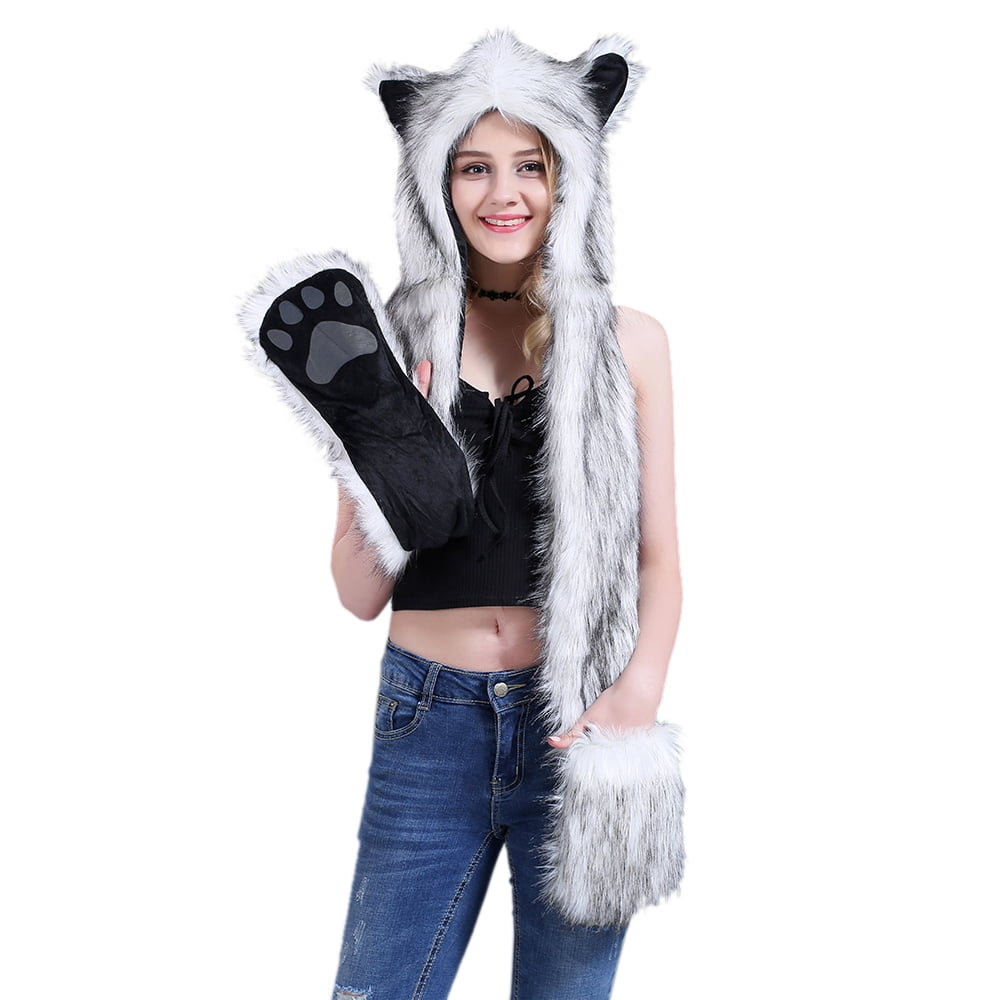Wolf Faux Fur Party Animal Hat Scarf Gloves Mittens for Women Men 3-in-1 Flush Furry Hoodie Costume Hats Soft Warm Animal Hood Hat Cap Ear Flap Beanie