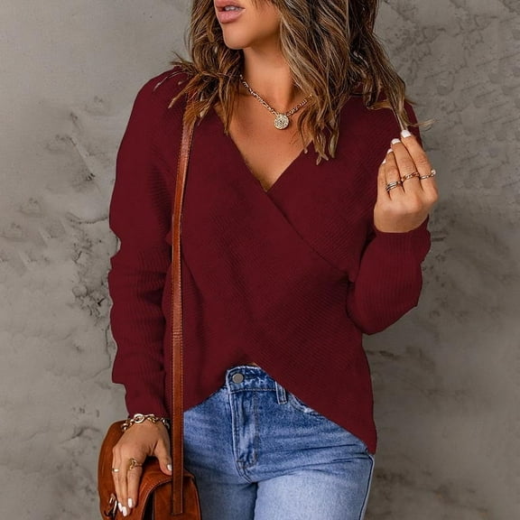 AOOCHASLIY Clothes Sweaters Fashion Women鈥檚 Winter Solid Long Sleeve Pullove V-Neck Casual Sweater Tops