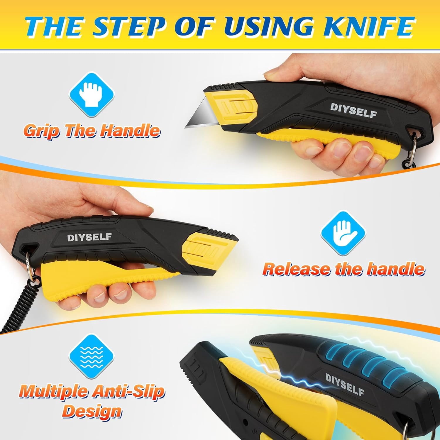 Safety Box Cutter Retractable with Holster, Self Retracting Utility Knife with 10 SK5 Blades, Box Opener Razor Knife, Non-Slip Grip Work Knife for Warehouse Retail Home, Navajas Para Trabajo