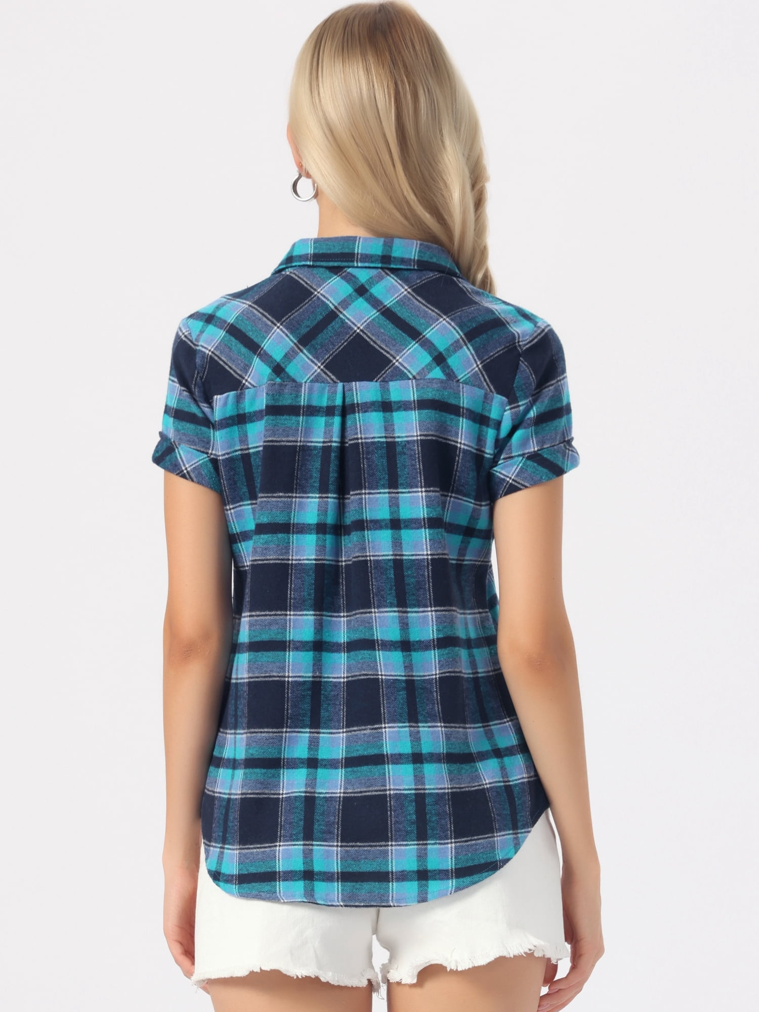 DARING DIVA Women's Plaid Shirts Cotton Short Sleeve Button Down Shirt XL Lake Blue