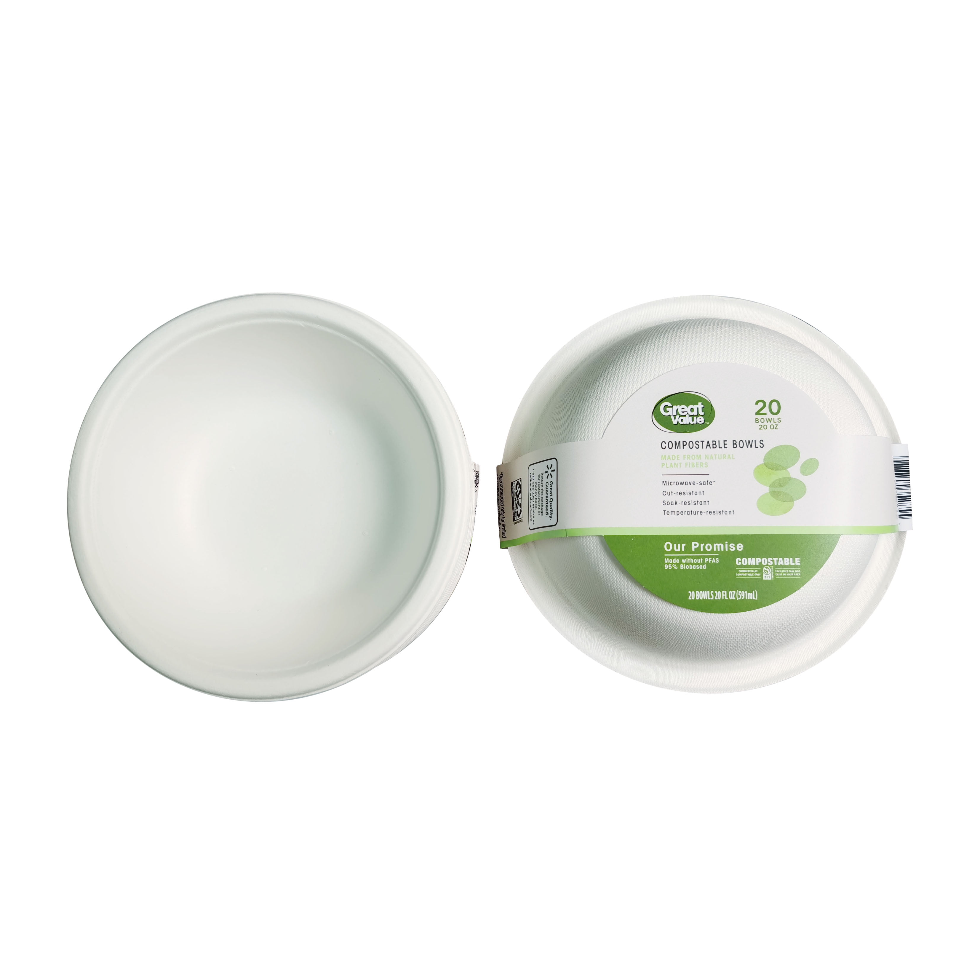 Great Value Compostable, Microwave Safe, Cut Resistant, Soak Resistant, Temperature Resistant, Disposable Paper Bowls, 20 oz, White, 20 Count