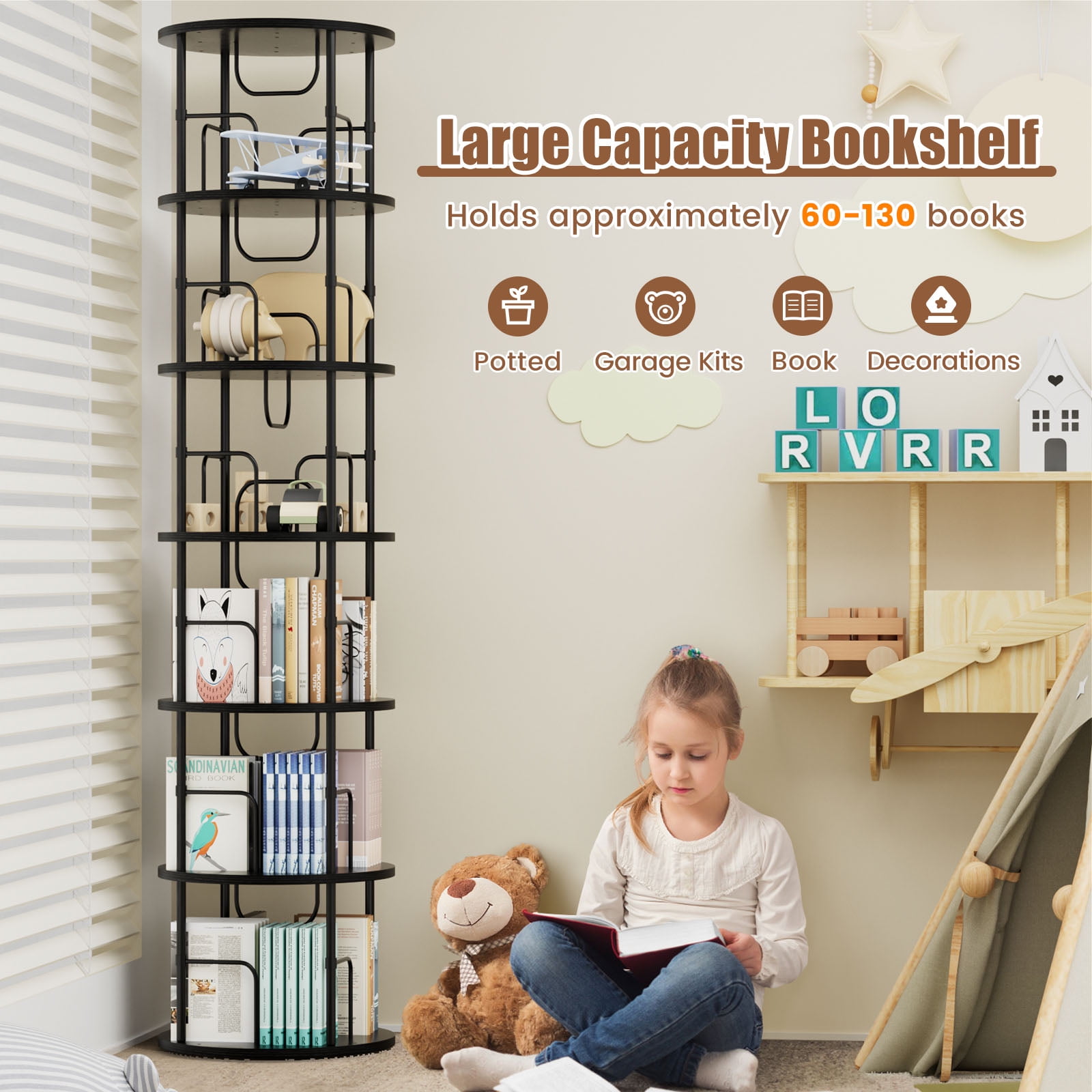 Flycity 6 Tier Rotate Bookcases, 360° Display Spin Bookcases Corner Shelf with Special Visible Partition Storage, Black