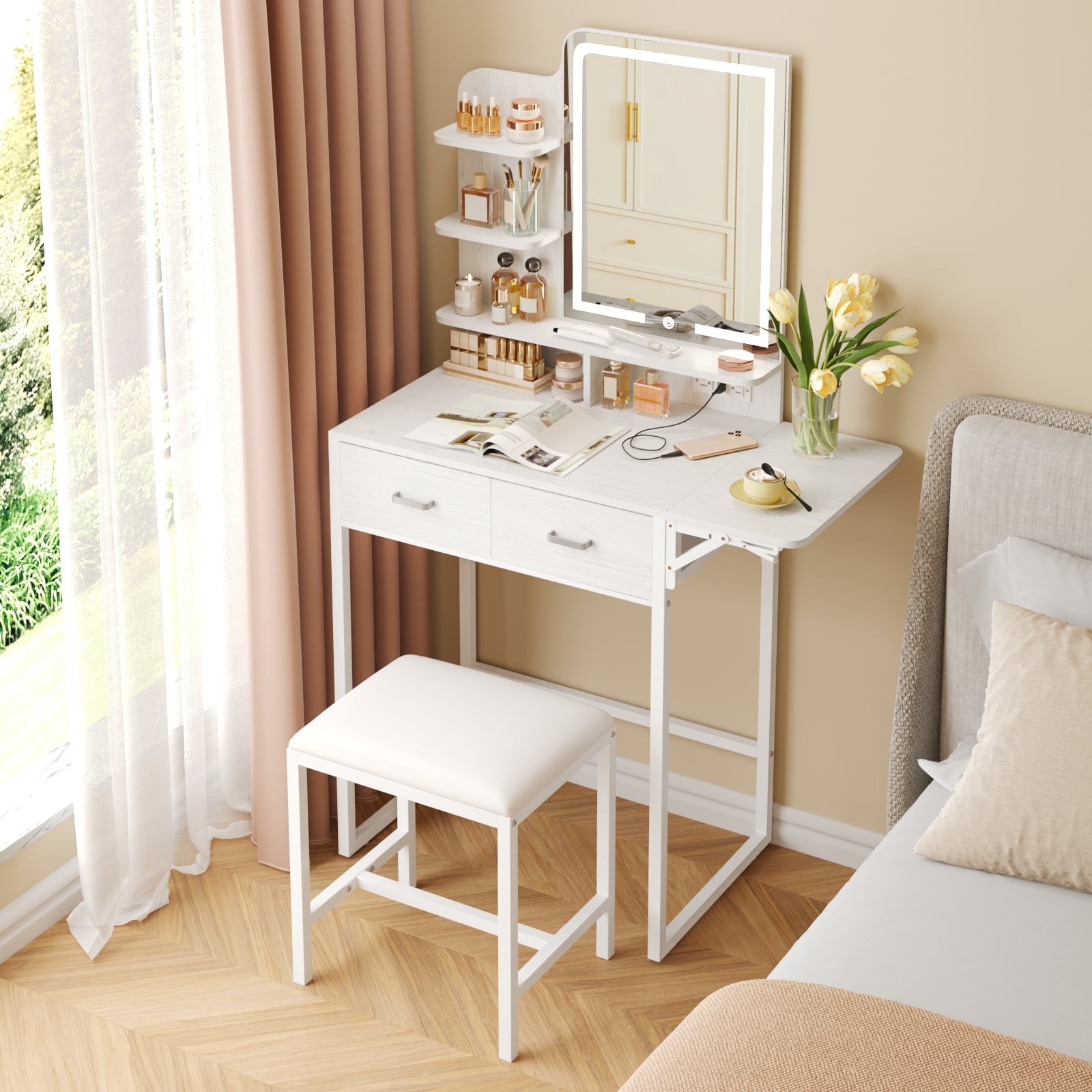 Tomnk White Vanity Desk with Mirror, LED Lights, Storage Shelves, Drawers & Chair