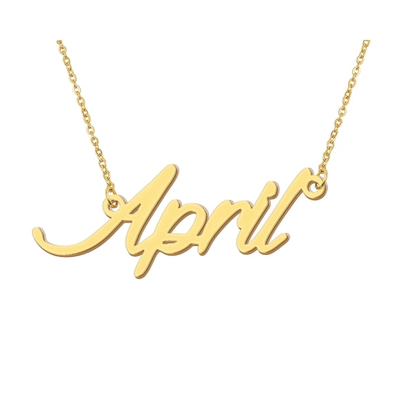 HUAN XUN 18k Gold Plated April Name Necklace Stainless Steel Nameplate Necklaces for Womens Mens Mother Day Christmas Jewelry Gift
