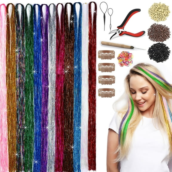 Hair Tinsel Kit 12 Colors 47inch 2400 Strands Silver Extensions Women Girls Heat Resistant