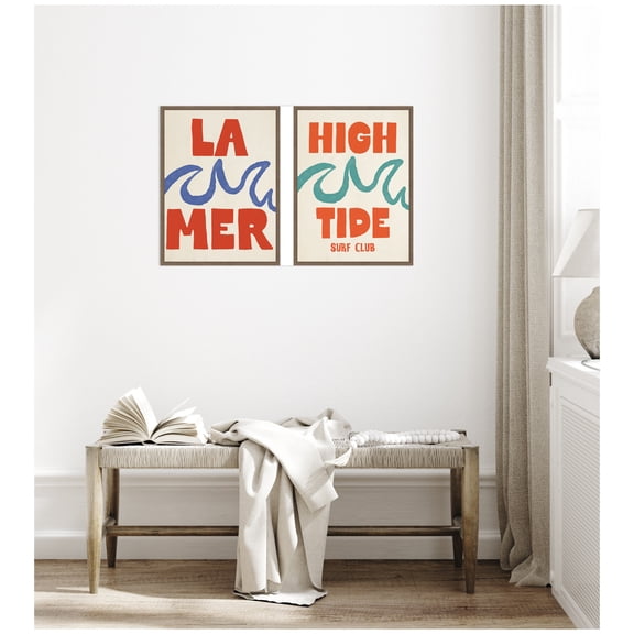 Kate and Laurel La Mer & high Tide Surf Club 2 Piece Framed Canvas Wall Art Set by Alicia Bock, Sylvie Walnut Coastal, Typography Art for Wall Decor