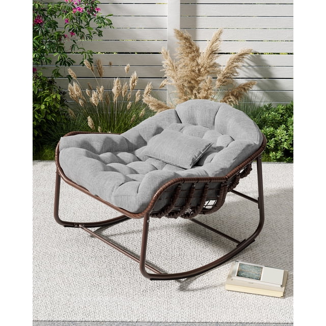 Large Oversized Papasan Rocking Chair with Upholstered Cushion and Metal Frame, Outdoor Indoor Wicker Lounge Chair, Patio Brown Rattan Egg Rocker for Balcony Backyard Porch Bedroom