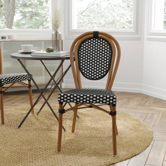 Merrick Lane Set of Two Stacking Thonet French Bistro Style Chair with Arms, Black & White PE Rattan Seat, and Bamboo Metal Frame for Indoor/Outdoor Use