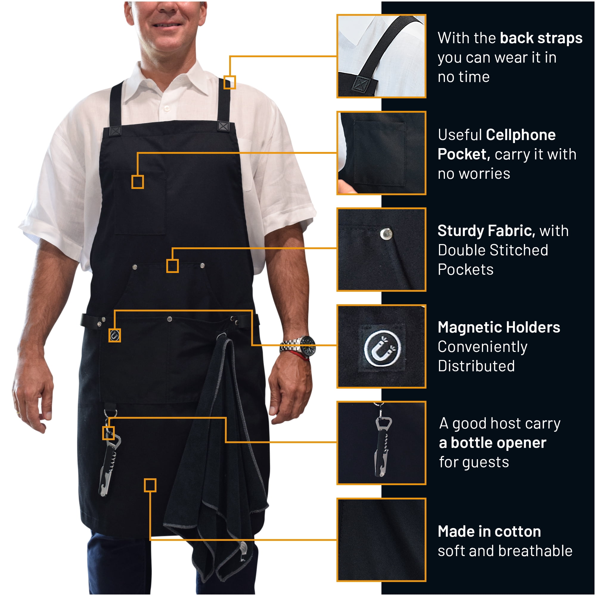 Kitchen Chef Apron for Men with Pockets | Professional Grade | Made for Cooking, Servers, Waitress , BBQ, Grill, Work, Comfortable with Cross Back Straps, Quick-Release | Aprons for Women with Pockets