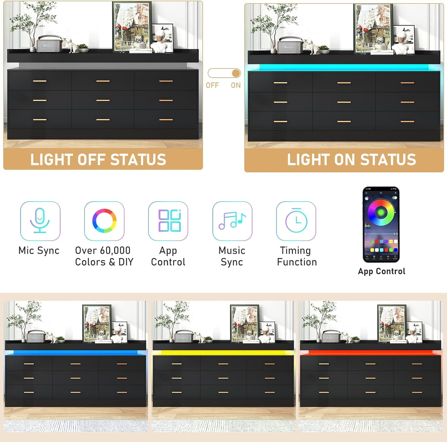 ANPOO 9 Drawer Dresser with LED Lights and Charging Station, Modern Double Wide Chest of Drawers with Power Outlet for Bedroom, Living Room