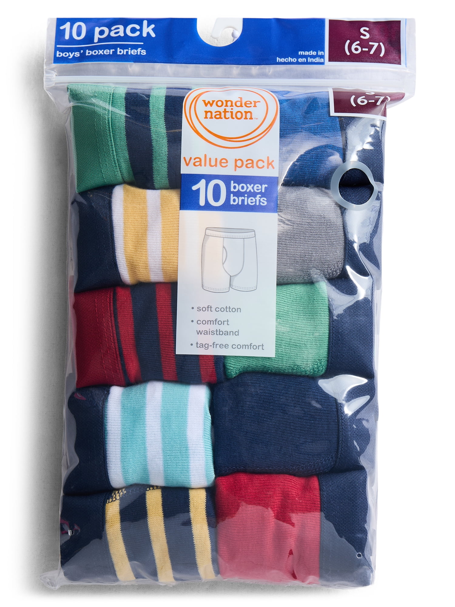 Wonder Nation Boys Underwear Soft Cotton Boxer Briefs, 10-Pack, Sizes S-XXL & Husky
