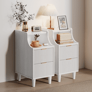 Oxirth 2PC Narrow Nightstand, 11.8 Fluted Bedside Tables with 2 Drawers & Open Shelf, Slim Mid-Century Modern End Table for Bedroom, Living Room, Office – White & Gold Accent