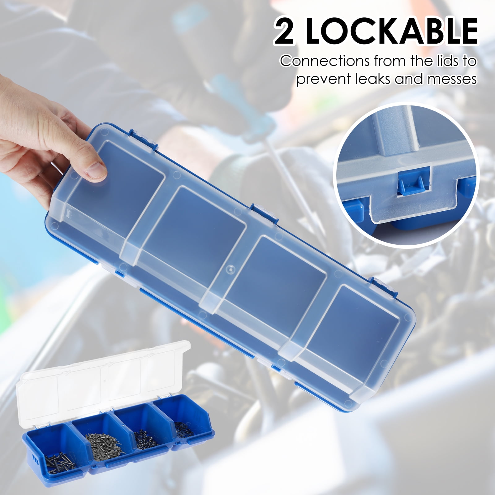 Grusce 4Pcs Parts Storage Box Plastic Screw Organizer Box with 4 Compartment Small Tool Part Container Bin with Lid and Lock Durable Divided Hardware Storage Bin for Garage Workshop
