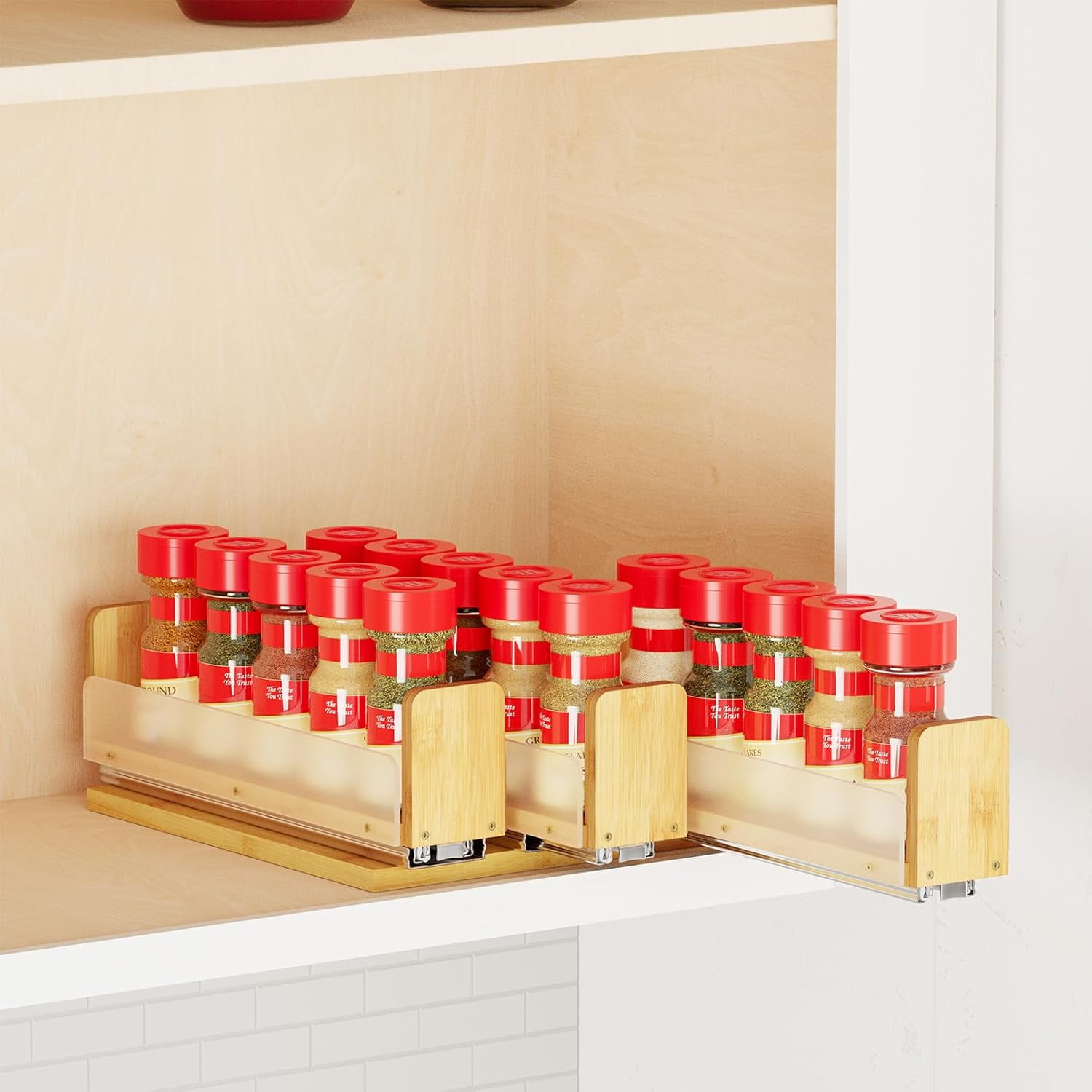 Pull Out Bamboo Spice Rack Organizer for Cabinet Heavy Duty Slide Out Kitchen Pantry Storage 7.6 Wide 3 Drawers (2 Wide) 1-Tier Natural