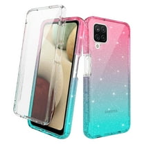 Samsung Galaxy A22 5G Case With Built-in Screen Protector, Rosebono Hybrid Glitter Sparkle Transparent Colorful Gradient TPU Skin Cover 360 Protection Case For Samsung Galaxy A22 5G (Pink/Teal)