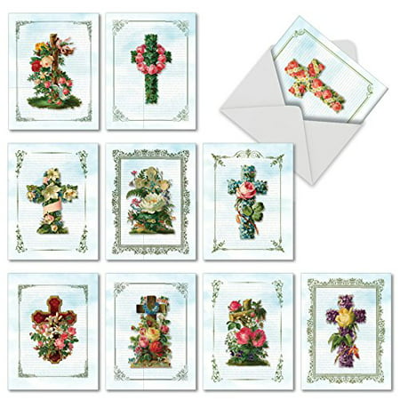 'M6466OCB CROSS CARDS' 10 Assorted All Occasions Note Cards Featuring Lovely Crosses Surrounded by Floral Sprays and Set Against Newspaper Print Backgrounds with Envelopes by The Best Card