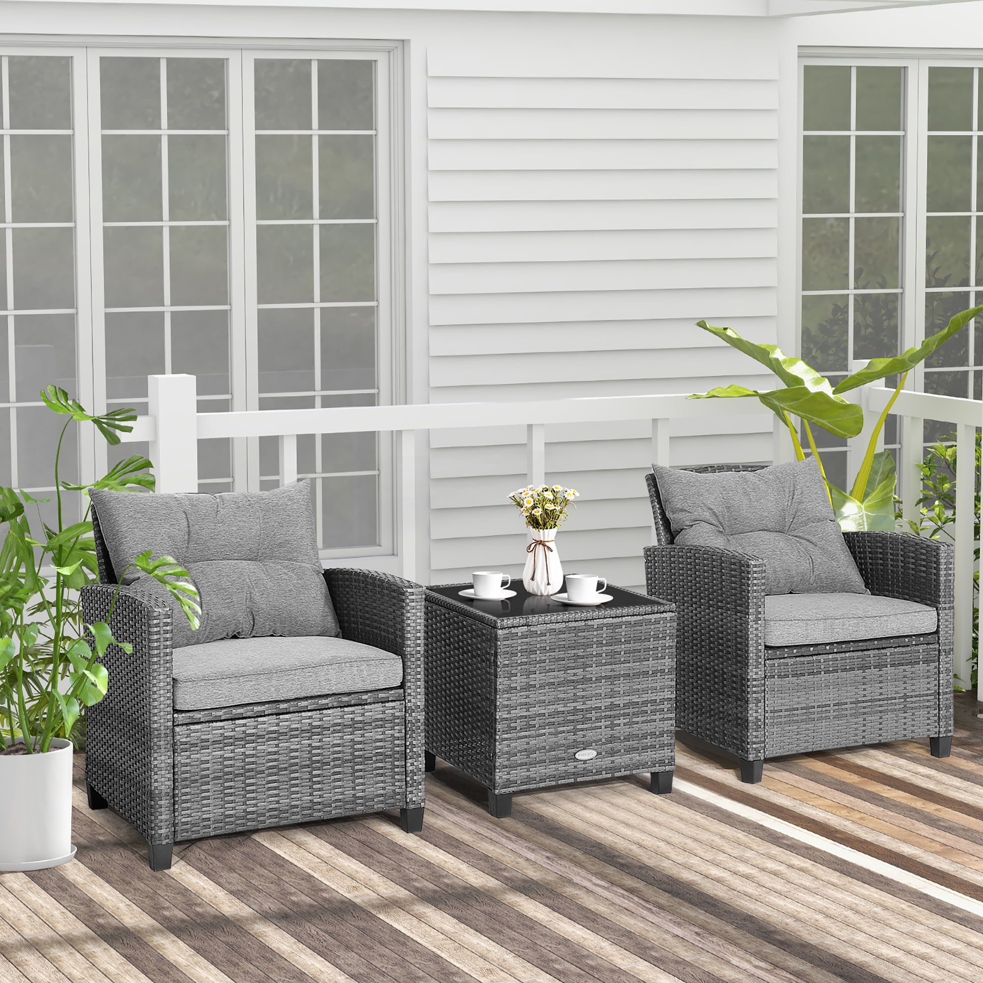 Costway 3PCS Patio Rattan Furniture Bistro Set Cushioned Sofas Side Table Armrest Grey