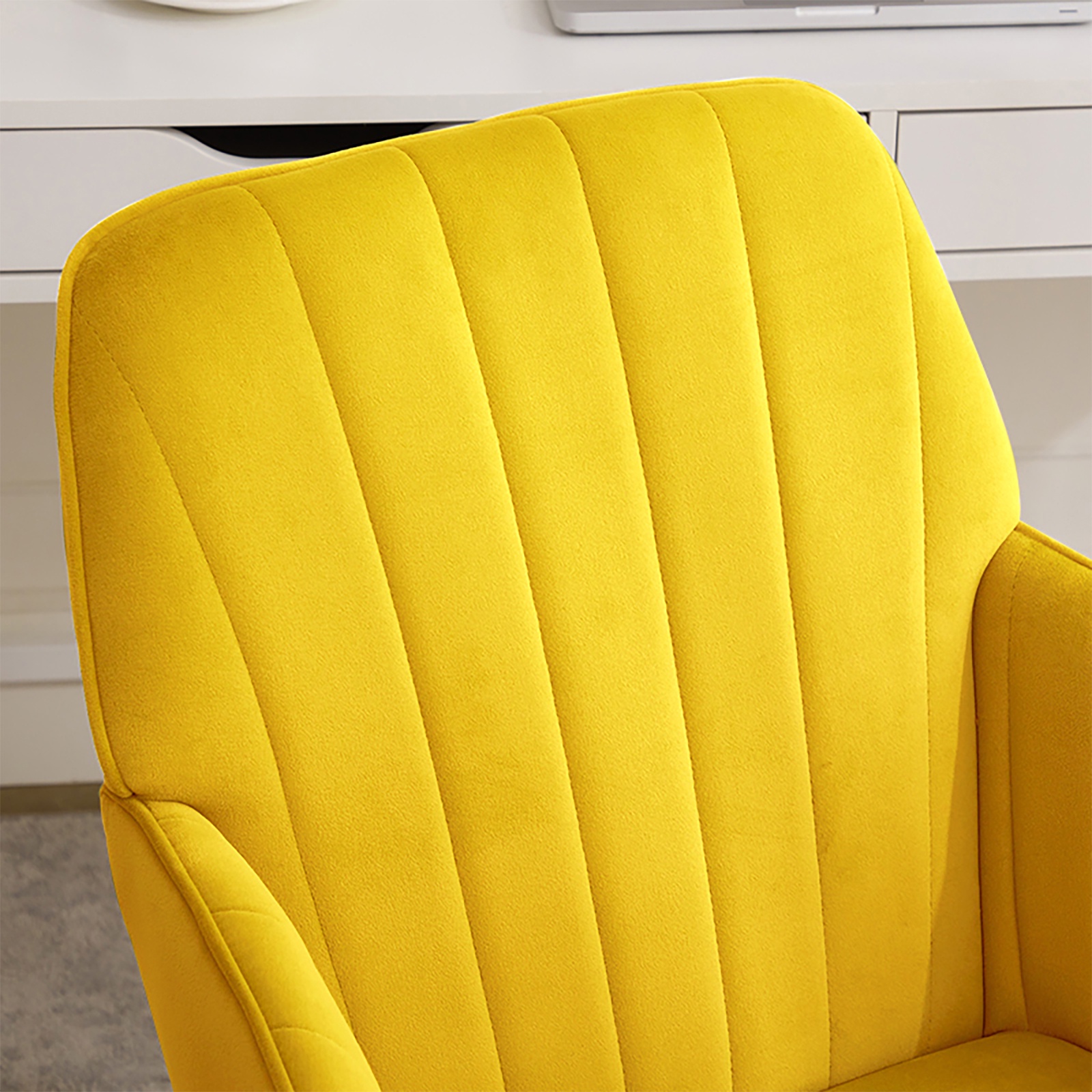 PORKISS Vanity Chair, Swivel Home Office Chair, Ergonomic Desk Chair with Silver Metal Base, Adjustable Height, Velvet Upholstered Task Chair, Bright Yellow