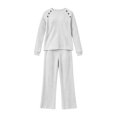 thumbnail image 6 of Large Size Hungry Ribbed Knitted Suit Women's Shoulder Button Decoration Long Sleeved Top Wide Leg Pants Two-Piece Set White M, 6 of 8