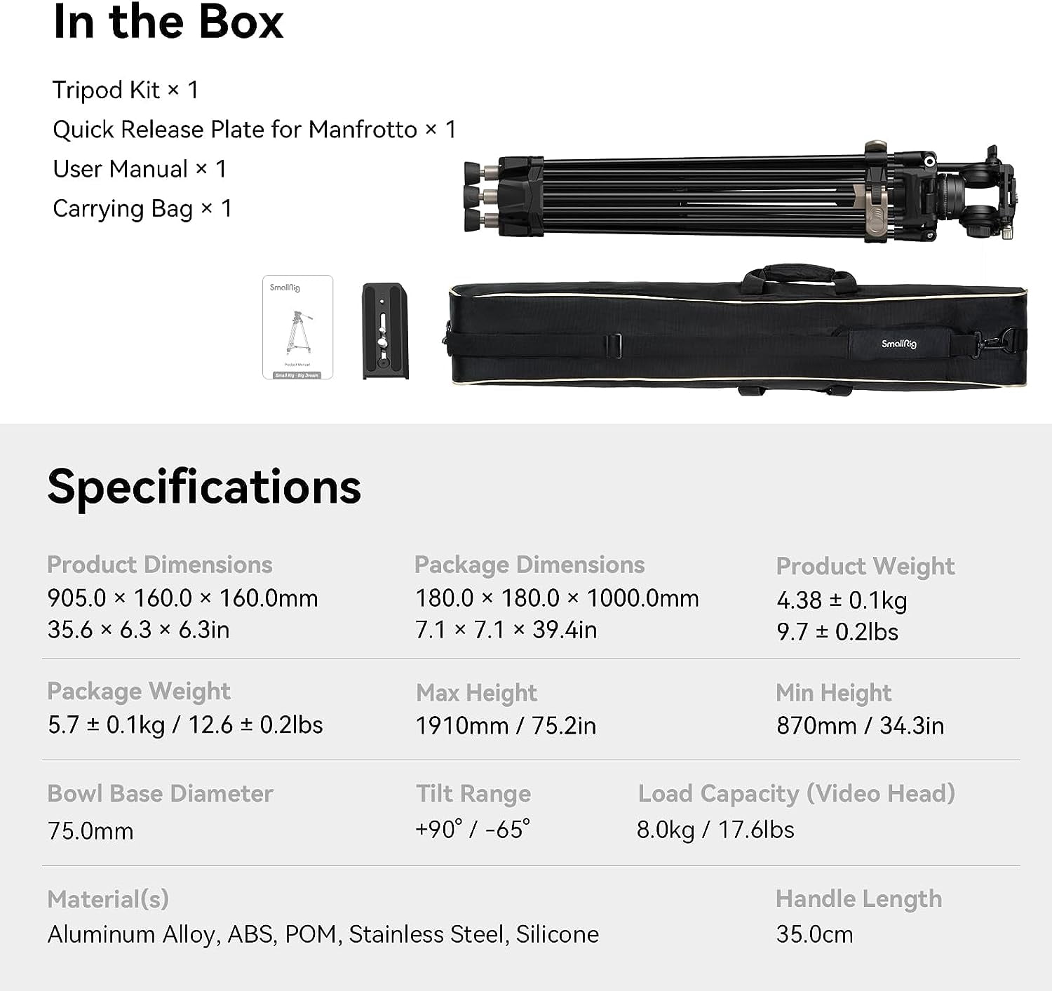 SmallRig AD-80 FreeBlazer Heavy-Duty Tripod System, 75" Video Tripod with Fluid Head, One-Step Height Adjust, Dual-Mode QR Plate, Load up to 17lbs, Professional Tripod for Camera - 4163