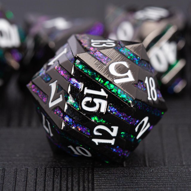 Dados de mazmorras y dragones Dados de rayas metálicas con estuche de regalo Juegos de dados poliédricos de metal para juegos de mesa Juego de rol D&D (níquel negro-verde púrpura)