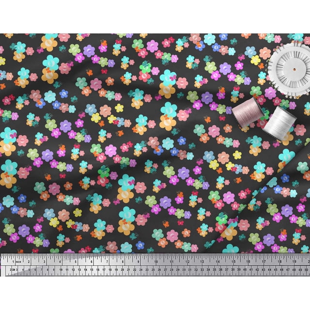 Soimoi Black Moss Georgette Fabric Insect & Floral Clip Art Decor Fabric Printed BTY 42 Inch Wide