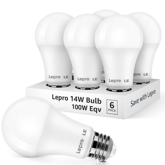 Lepro LED Daylight Light Bulbs 100W Eqv Annual Save $10.32 per, 14W 1500 Lumens 5000K Daylight White Non-Dimmable, A19 E26 Standard Base, 15000 Hour / 10yr Lifetime 6 Packs