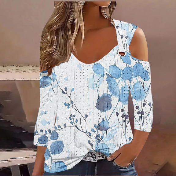 Jsaierl 3/4 Sleeve Womens Cold Shoulder Tops Casual V Neck Shirts Trendy Graphic Ladies Hollow Out Blouses Soft Loose Fit Tunic Top S-5XL