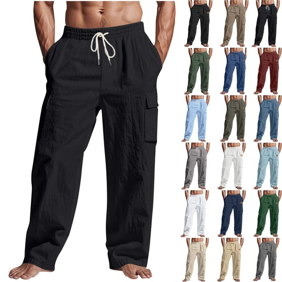 Men's Pants Solid Color Pocket Elastic Waistband Full Length Pants Work Office Wear