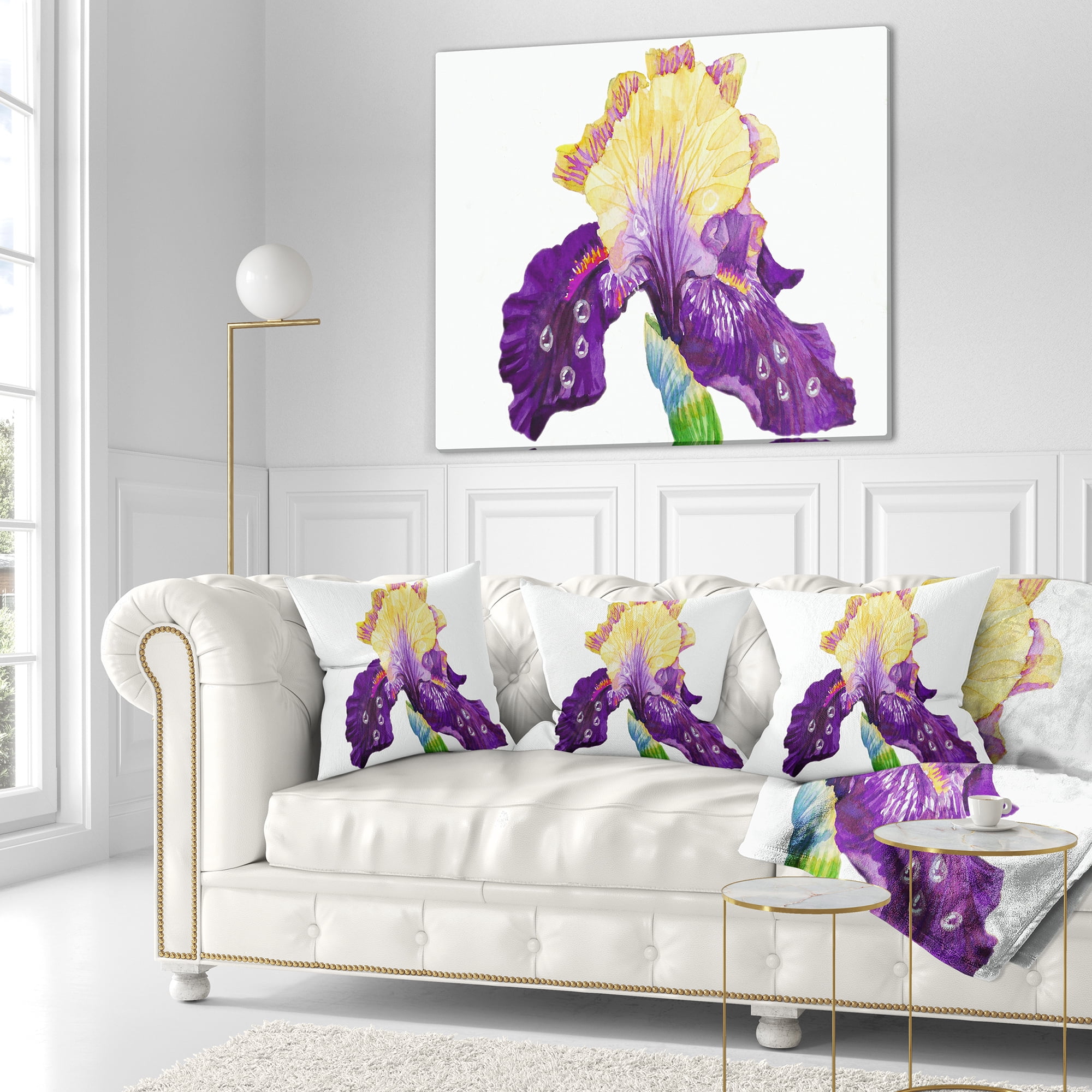 Designart Blooming Blue Yellow Iris - Floral Throw Pillow - 18x18