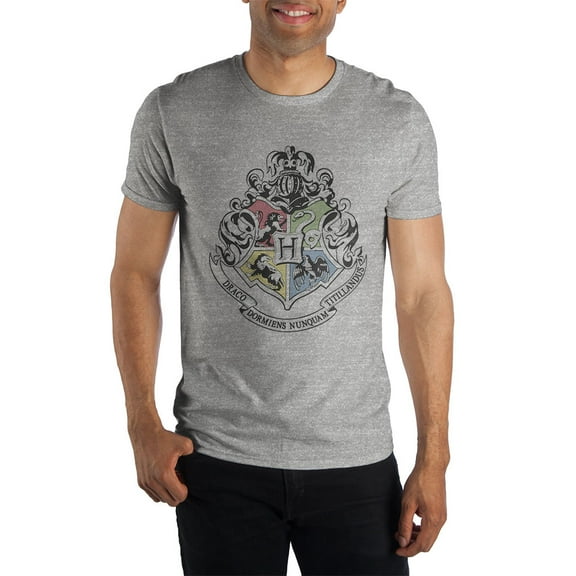 Harry Potter Hogwarts Crest & Motto Draco Dormiens Nunquan Titillandus Men's Dark Gray Tee T-Shirt Shirt-X-Large