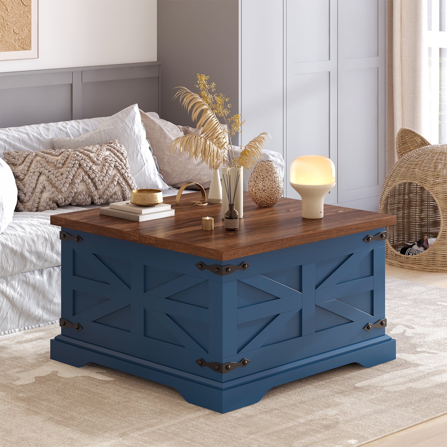 Frmobepts Farmhouse Coffee Table, Square Wood Center Table with Storage and Lift Top, Metal Corners for Living Room, Blue