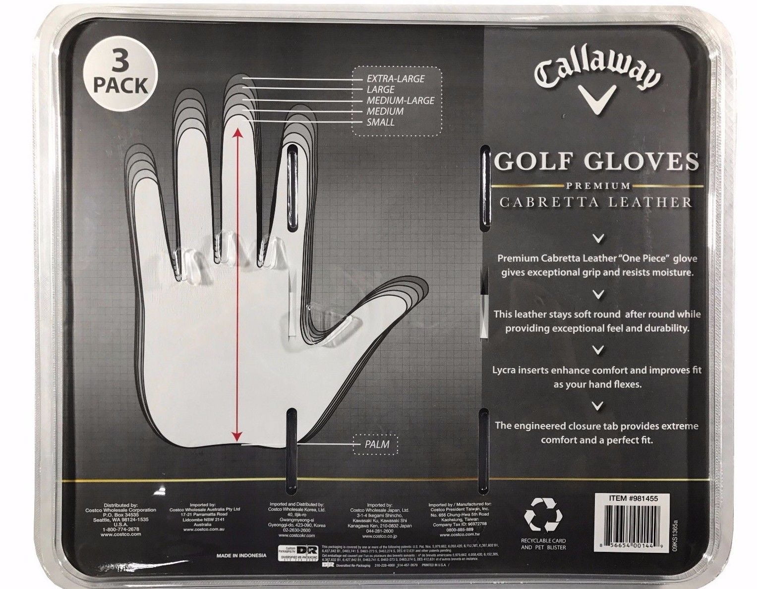 Callaway Golf Gloves Premium Cabretta Leather 3 Pack for Left Hand - Extra Large