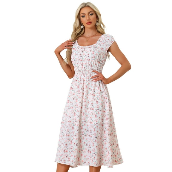 Unique Bargains Women's Floral Square Neck Puff Short Sleeves Flare Midi Dress XS White
