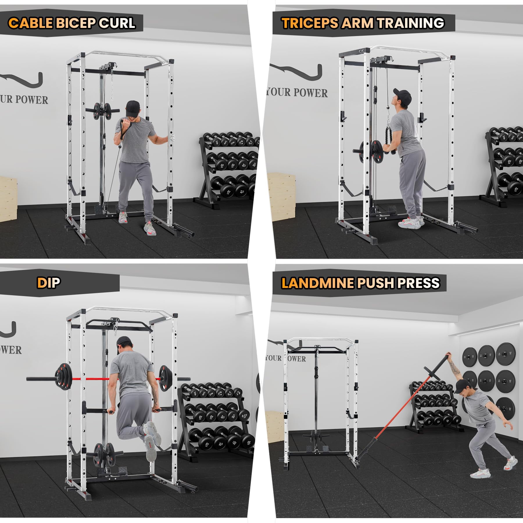 TROPOW Power Cage with LAT Pulldown, Multi-Functional Power Rack with Cable Pulley System and J-Hooks, Squat Rack with Dip Bars and Landmine Attachment, Weight Cage for Home Gym Equipment,White