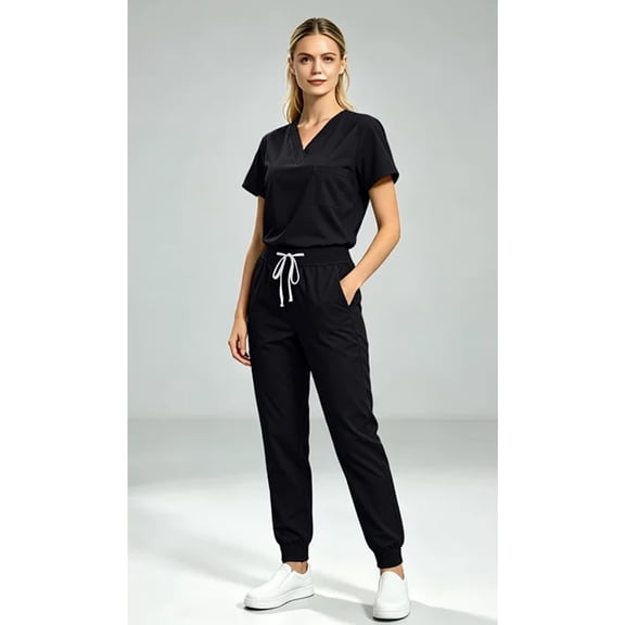 Scrub Sets for Woman Solid Color V-Neck Short Sleeve Long Pants Nurse Uniform with Pock Black S