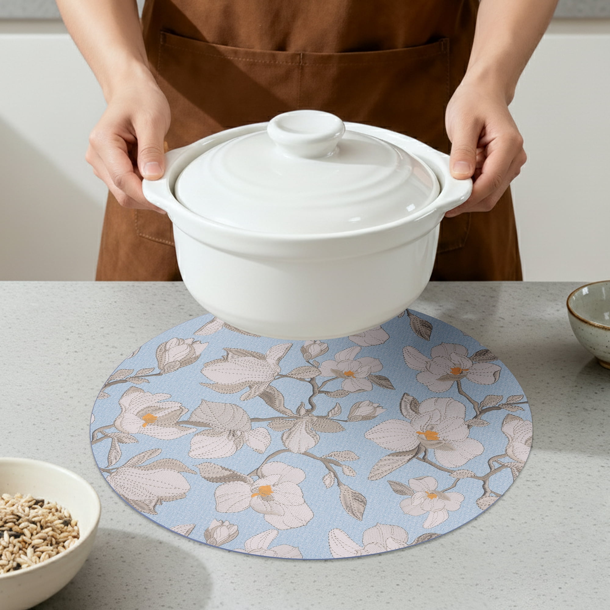 Unique Bargains 6pcs Faux Leather Floral Placemats Blue Beige 13"x13"