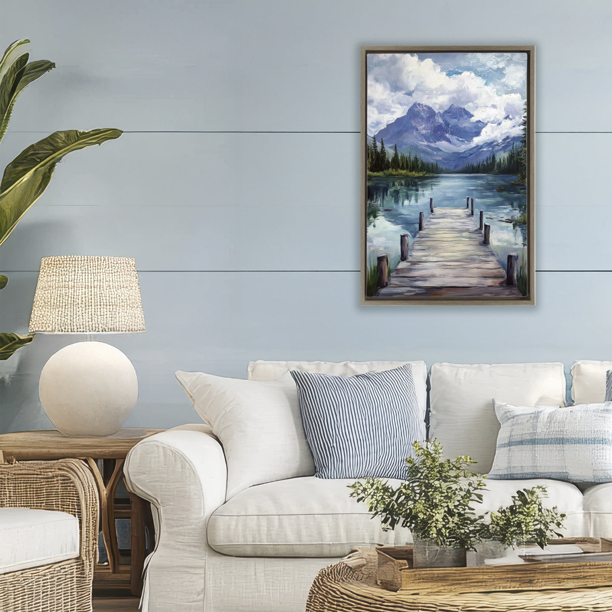 Stupell Industries Weathered Dock on Mountain Lake Brown Framed Floater Canvas Wall Art, design by Petal Prints Design