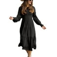 thumbnail image 1 of Vestido llano Cuello redondo Manga larga Shirred Pecho Retro Suelto Cómodo Vestido largo Negro S, 1 of 8