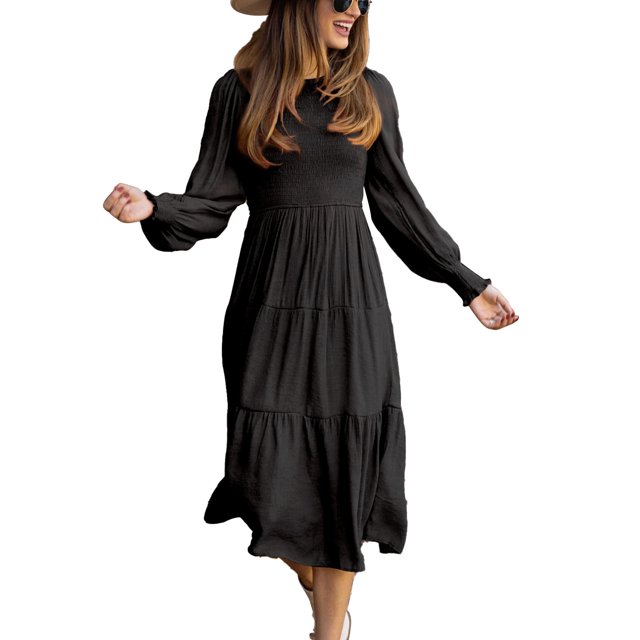 Vestido llano Cuello redondo Manga larga Shirred Pecho Retro Suelto Cómodo Vestido largo Negro S