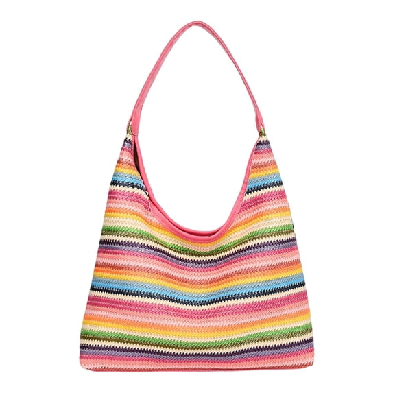 Women Rainbow Striped Straw Shoulder Bag, Large Capacity Woven Underarm Tote Handbag for Beach Vacation Travel Daily Commute