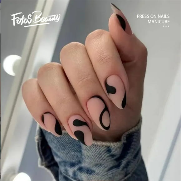 Fofosbeauty 24pcs Press on False Nails Tips, Almond Fake Acrylic Nails, Dotted Lines Black