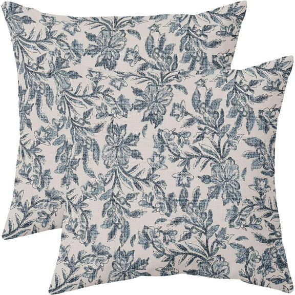 Blue Floral Block Print Pillow Covers 16x16 Set of 2 Vintage Flower Decorative Throw Pillows Outdoor Rustic Farmhouse Pillowcases Cushion Case Decor for Home Sofa Couch Bed