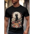 thumbnail image 1 of Camiseta de manga corta para hombre, estilo casual, con cuello redondo, diseño de gato negro, calabaza y flores, 1 of 8