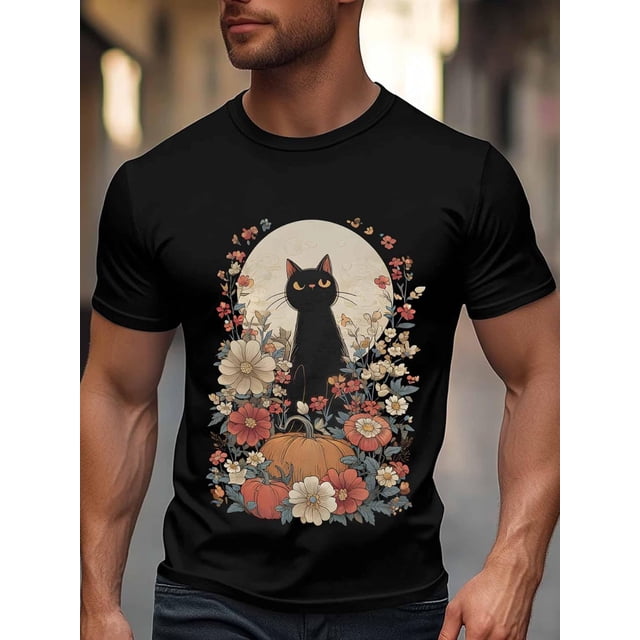 Camiseta de manga corta para hombre, estilo casual, con cuello redondo, diseño de gato negro, calabaza y flores