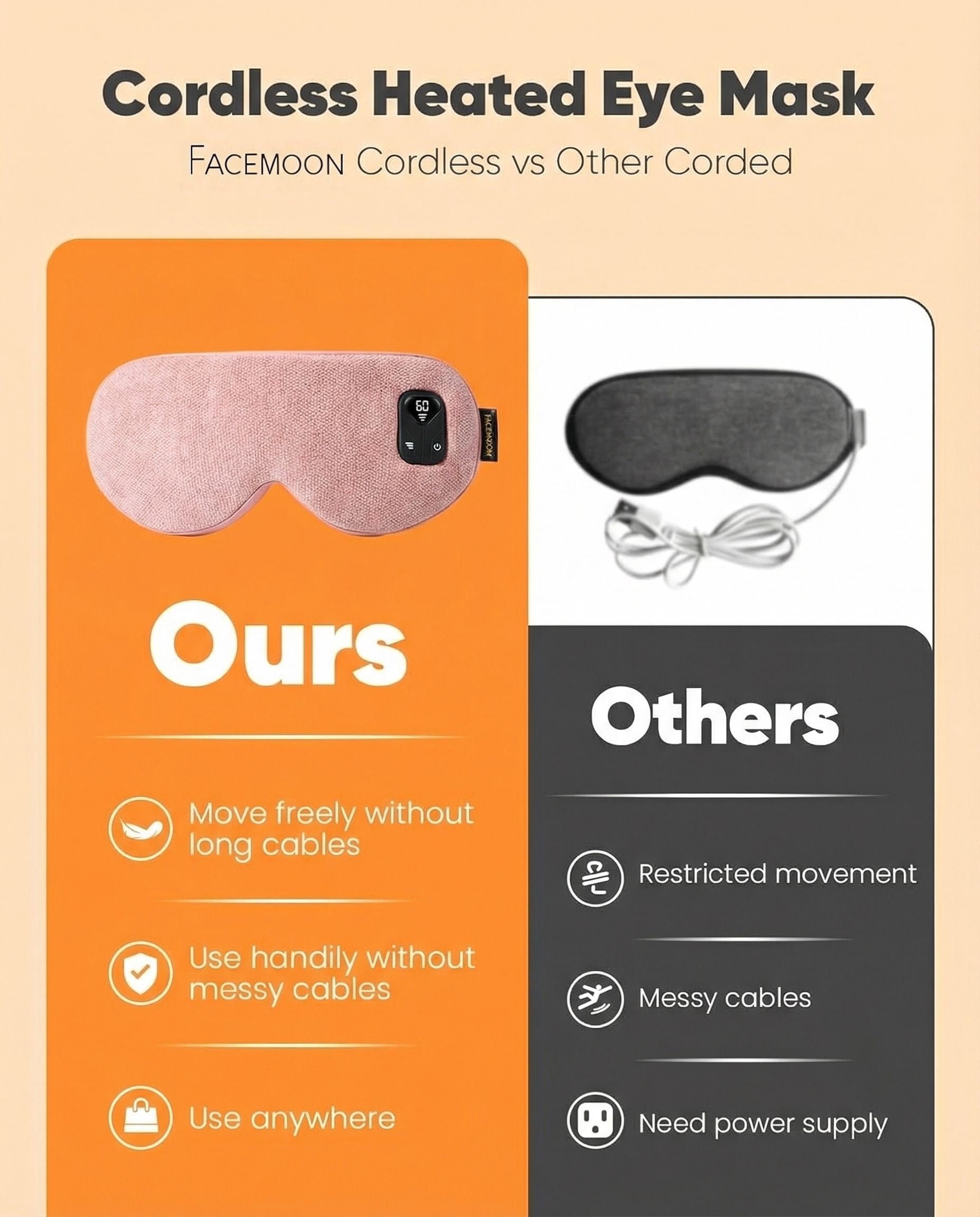 FACEMOON Cotton Linen Natural Flaxseed Heated Cordless Rechargeable Sleep Eye Mask for Tired Eyes with Storage Pouch, Pink