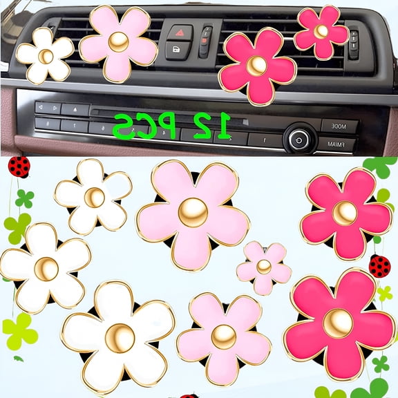 MELIVO 12 PCS Pink Cute Car Accessories for Women Decor Decorations Girly Daisy Flower Vent Clips for Air Fresheners Aesthetic Dashboard Gifts Interior Set for Teen Girls Fun Charms (Red,Pink, White)