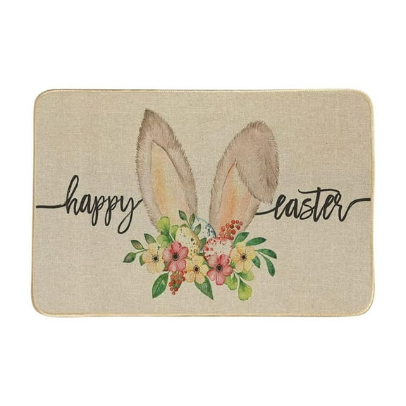 ShaoXinWan Happy Easter Doormat with Easter Bunny and Flowers Pattern, Soft Outdoor/Indoor Holiday Welcome Mat, I for Home Entry, Kitchen, and Bathroom Easter Decor for Spring Celebrations(Khaki)