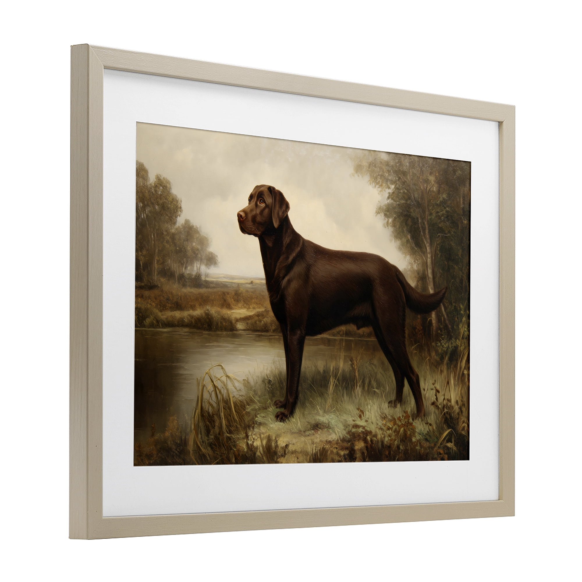 Stupell Industries Brown Lab By The River Birch Framed Print Under Glass, design by Petal Prints Design